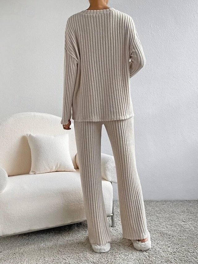 Simple Loose V Neck Long Sleeve Loungewear Pajama Set - Image 2