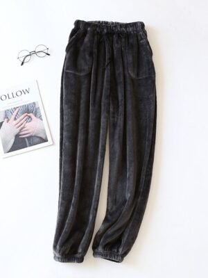 Simple Plush Fleece Elastic Waist Long Pajama Pants - Image 10