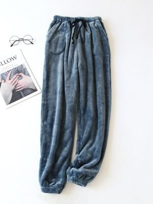 Simple Plush Fleece Elastic Waist Long Pajama Pants - Image 2