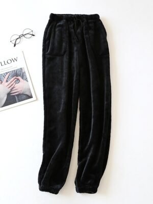 Simple Plush Fleece Elastic Waist Long Pajama Pants - Image 5
