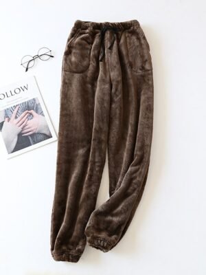 Simple Plush Fleece Elastic Waist Long Pajama Pants - Image 8