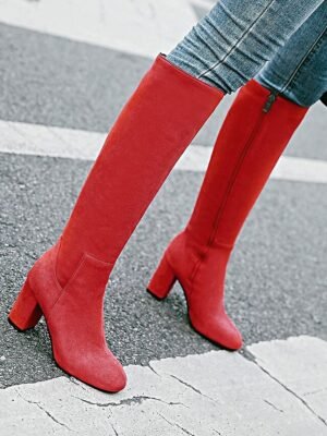 Sleek Navy Blue Round Toe Knee-High Block Heel Boots - Image 9