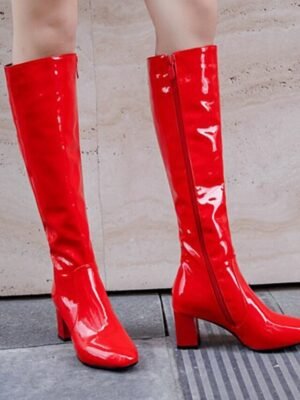 Sleek White Patent Leather Knee-High Block Heel Boots - Image 10