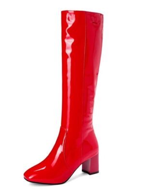Sleek White Patent Leather Knee-High Block Heel Boots - Image 15