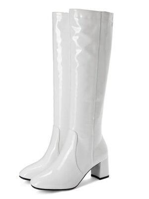 Sleek White Patent Leather Knee-High Block Heel Boots - Image 4