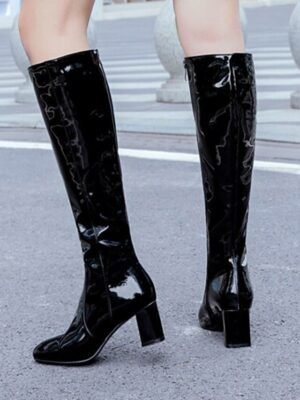 Sleek White Patent Leather Knee-High Block Heel Boots - Image 7
