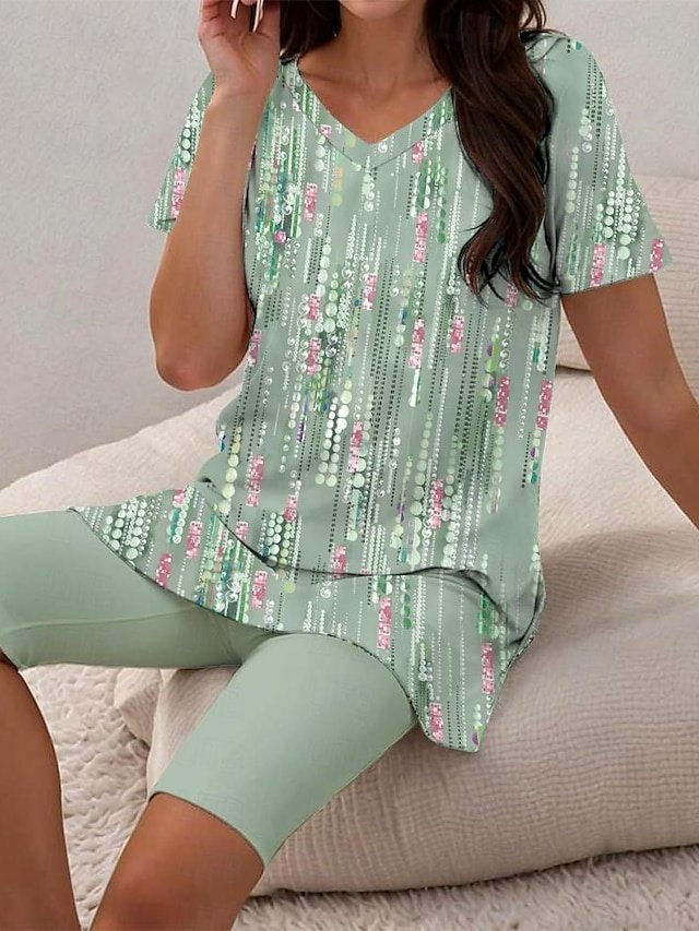 Sleepwear Casual Floral Stripe V Neck Short Sleeve Capri Leggings Set - Image 1