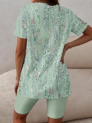 Sleepwear Casual Floral Stripe V Neck Short Sleeve Capri Leggings Set - Image 2