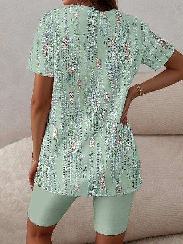 Sleepwear Casual Floral Stripe V Neck Short Sleeve Capri Leggings Set - Image 2