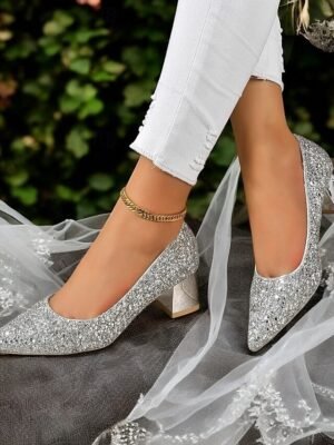 Sparkling Metallic Pointed-Toe Block Heels - Image 2