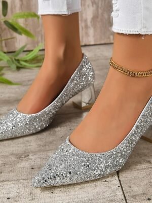 Sparkling Metallic Pointed-Toe Block Heels - Image 4
