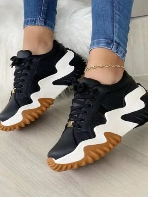 Sporty Casual Solid Lace-up Round Toe Flat Heel Sneakers - Image 2