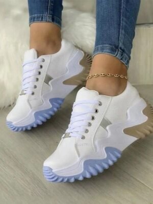 Sporty Casual Solid Lace-up Round Toe Flat Heel Sneakers - Image 3