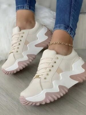 Sporty Casual Solid Lace-up Round Toe Flat Heel Sneakers - Image 4