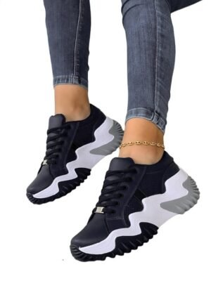 Sporty Casual Solid Lace-up Round Toe Flat Heel Sneakers - Image 5