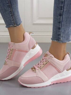 Sporty Classic Lace-up Colour Block Round Toe Wedge Sneakers - Image 2
