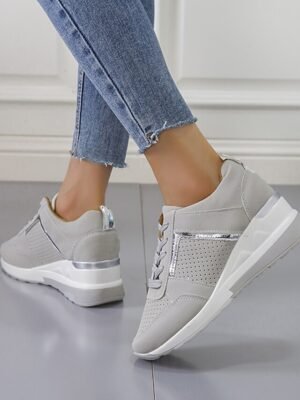 Sporty Classic Lace-up Colour Block Round Toe Wedge Sneakers - Image 3