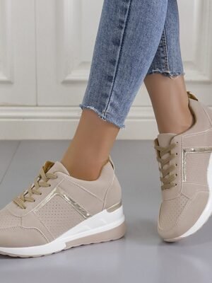 Sporty Classic Lace-up Colour Block Round Toe Wedge Sneakers - Image 6