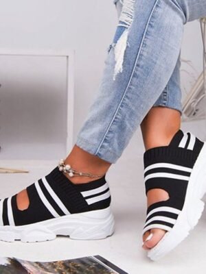 Sporty Knit Striped Open Toe Chunky Sole Sandals - Image 3