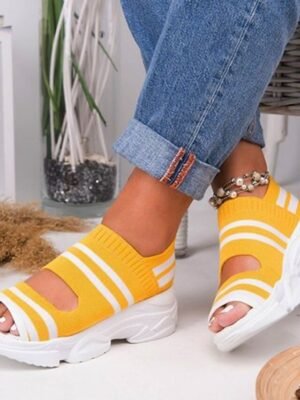 Sporty Knit Striped Open Toe Chunky Sole Sandals - Image 5