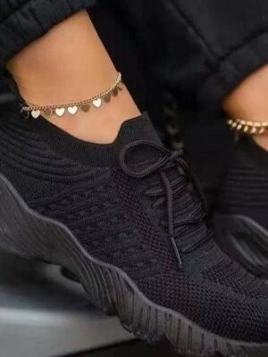 Sporty Pink Lightweight Lace-Up Breathable Knit Sneakers - Image 2