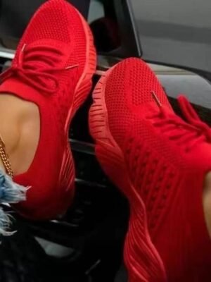 Sporty Pink Lightweight Lace-Up Breathable Knit Sneakers - Image 3