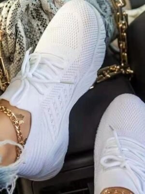 Sporty Pink Lightweight Lace-Up Breathable Knit Sneakers - Image 4