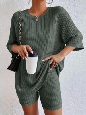 Street Regular Fit Plain Round Neck Short 2 Piece Set - Image 5