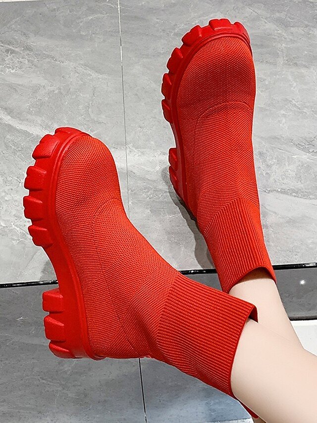 Street Style Chunky Platform Red Stretch Knit Ankle Boots - Image 1