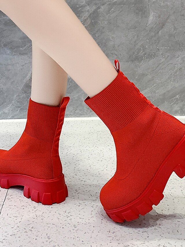 Street Style Chunky Platform Red Stretch Knit Ankle Boots - Image 2