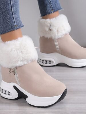 Stylish Beige Faux Fur Lined Ankle Platform Wedge Boots - Image 1