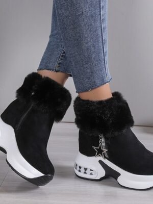 Stylish Beige Faux Fur Lined Ankle Platform Wedge Boots - Image 3