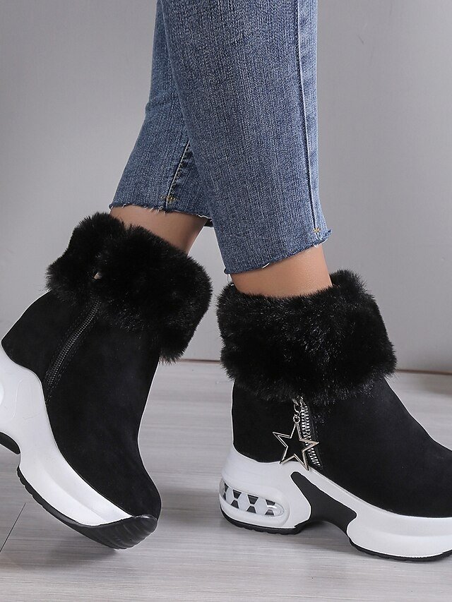 Stylish Beige Faux Fur Lined Ankle Platform Wedge Boots - Image 3