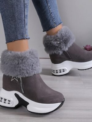 Stylish Beige Faux Fur Lined Ankle Platform Wedge Boots - Image 4