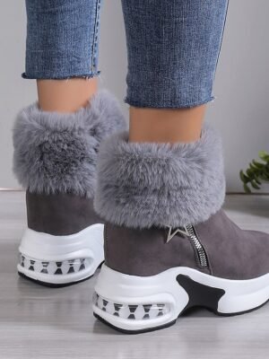 Stylish Beige Faux Fur Lined Ankle Platform Wedge Boots - Image 5