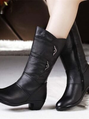 Stylish Black Faux Leather Mid-Calf Boots with Side Zipper Low Heels - Image 2