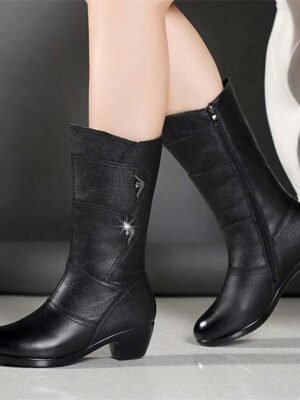 Stylish Black Faux Leather Mid-Calf Boots with Side Zipper Low Heels - Image 3