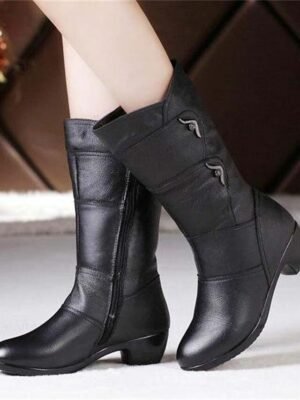 Stylish Black Faux Leather Mid-Calf Boots with Side Zipper Low Heels - Image 5