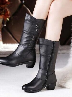 Stylish Black Faux Leather Mid-Calf Boots with Side Zipper Low Heels - Image 6
