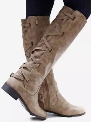 Stylish Black High Knee Side Lace-Up Motorcycle Boots - Image 11