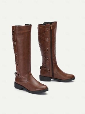 Stylish Black High Knee Side Lace-Up Motorcycle Boots - Image 4