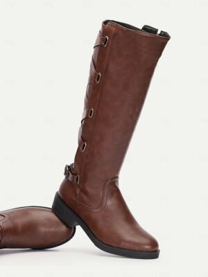 Stylish Black High Knee Side Lace-Up Motorcycle Boots - Image 5