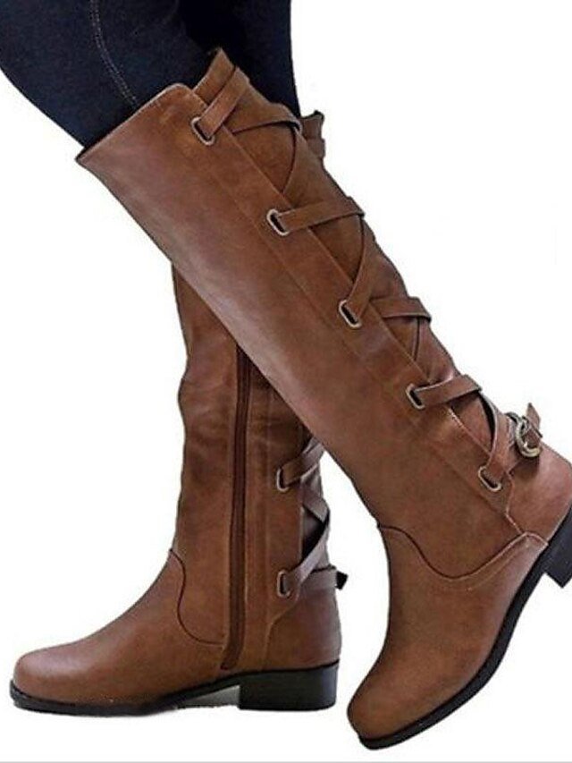 Stylish Black High Knee Side Lace-Up Motorcycle Boots - Image 8