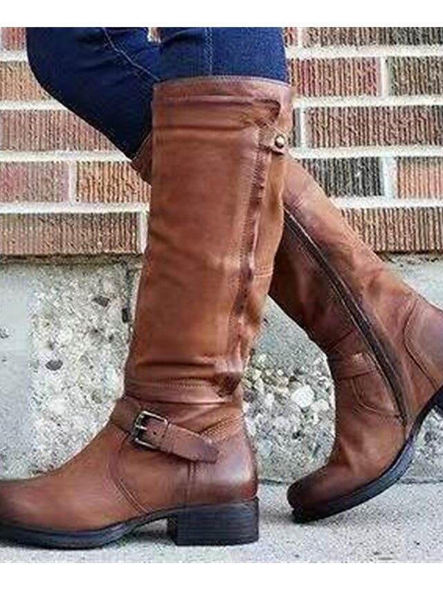 Stylish Black Round Toe Knee-High Buckle Boots - Image 2