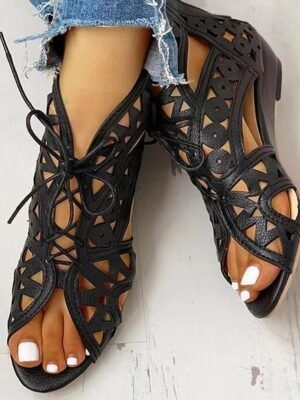 Stylish Black Wedge Cut-Out Lace-Up Geometric Sandals - Image 2