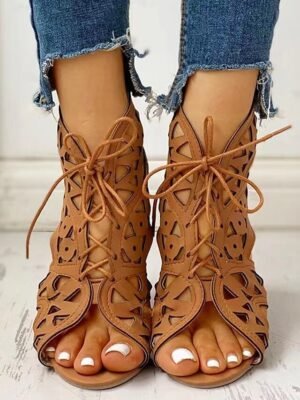 Stylish Black Wedge Cut-Out Lace-Up Geometric Sandals - Image 6