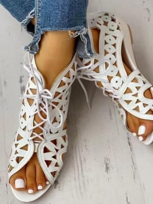 Stylish Black Wedge Cut-Out Lace-Up Geometric Sandals - Image 7