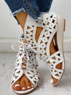 Stylish Black Wedge Cut-Out Lace-Up Geometric Sandals - Image 8