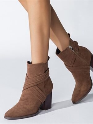Stylish Block Heel Pointed Toe Suede Ankle Boots - Image 10