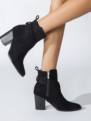 Stylish Block Heel Pointed Toe Suede Ankle Boots - Image 8